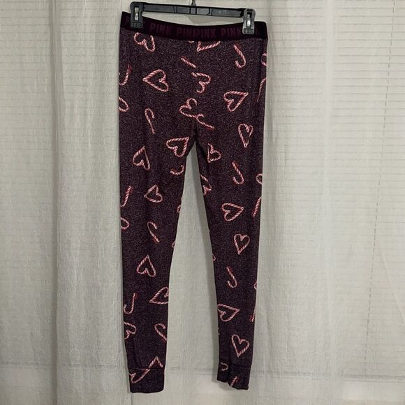 PINK S Burgundy White Red Candy Cane Hearts Print Fine Knit Jogger PJ Bottom - Picture 2 of 7